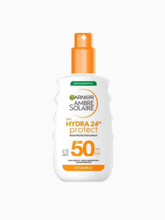 Garnier Ambre Solaire SPF 50 Hydra 24 Hour Protect High Protection UVB and UVA Hydrating Sun Cream Spray 150ml orange and white plastic spray bottle