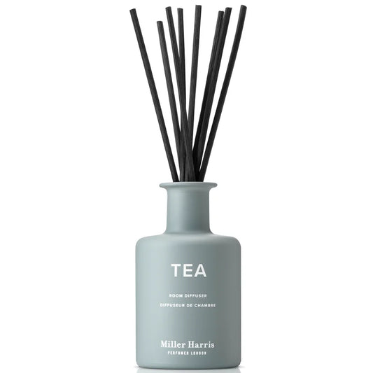 Miller Harris Tea Scented Reed Diffuser 150ml glass diffuser bottle with reeds and branded label
