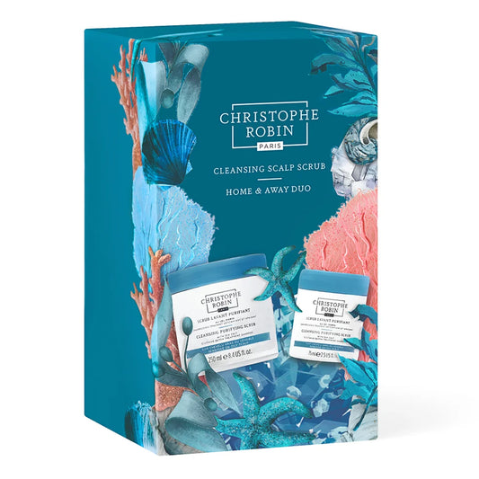 Christophe Robin Cleansing Scalp Scrub Home & Away Duo product packaging with two scrub sizes