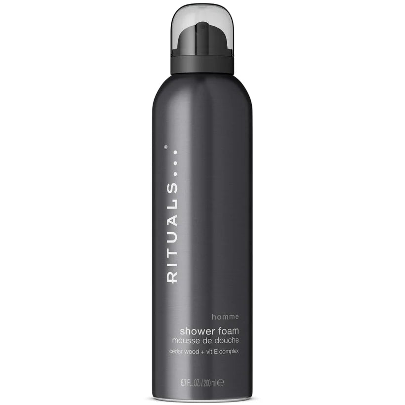Rituals Homme Collection Cedar Wood and Vitamin E Complex Foaming Body Wash 200ml tall pressurised can with dark design and cap