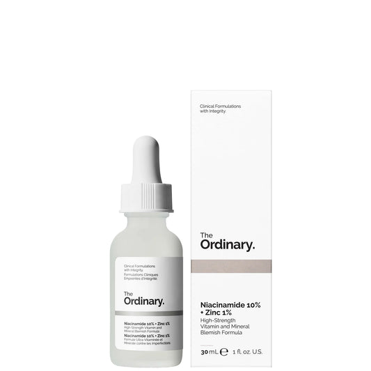 Ordinary Niacinamide serum bottle with dropper targeting blemishes and excess oil