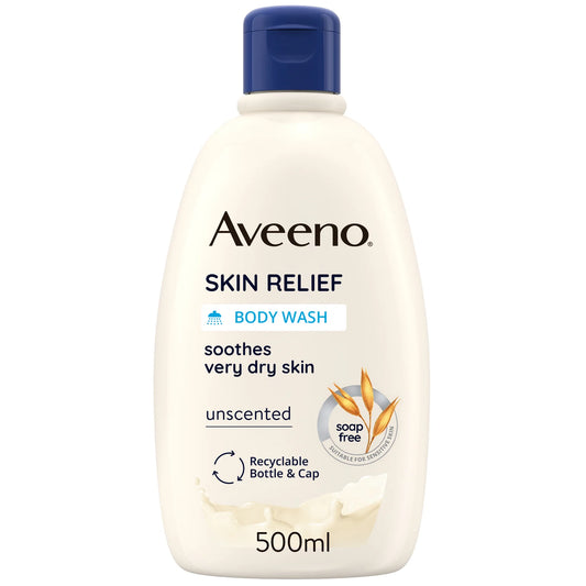 Aveeno Skin Relief Moisturising Body Wash 500ml, cream-coloured bottle with dark blue flip-top cap, designed for very dry, sensitive skin