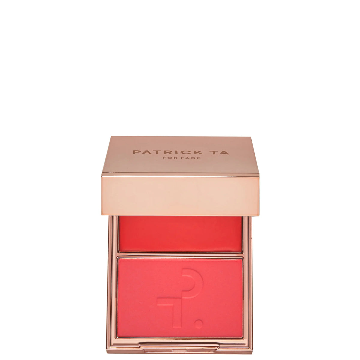 PATRICK TA Major Headlines Double - Take Crème and Powder Blush Duo - She's Vibrant, rose gold compact with a crème pan, a powder pan and a mirror