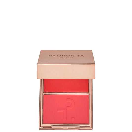 PATRICK TA Major Headlines Double - Take Crème and Powder Blush Duo - She's Vibrant, rose gold compact with a crème pan, a powder pan and a mirror
