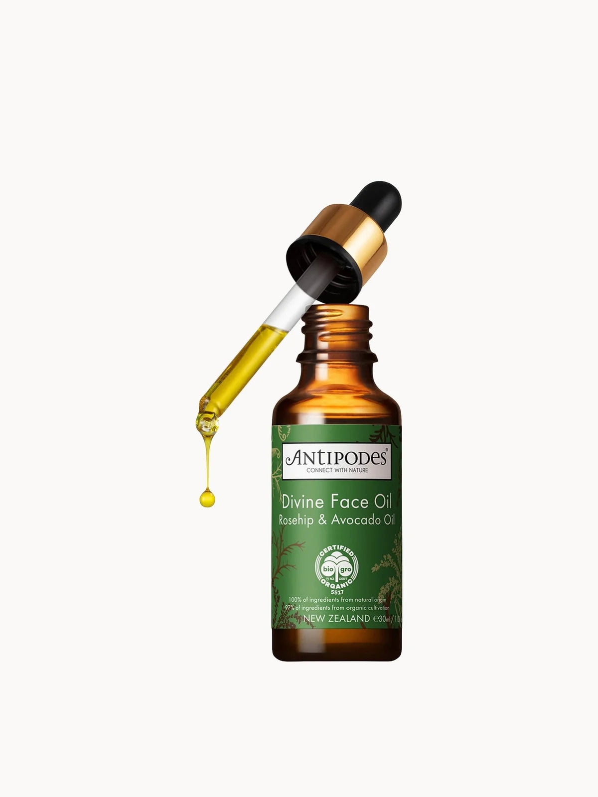 Antipodes Divine Face Oil Rosehip and Avocado Oil 30ml, small bottle with oil dropper