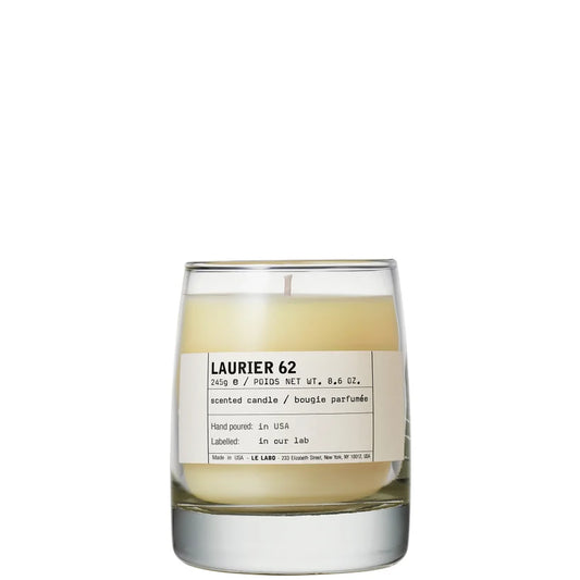 Le Labo Classic Candle Laurier 62 245g clear glass candle jar with white label and black lid
