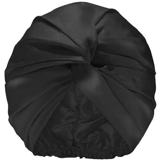 Slip Pure Silk Turban in Black - smooth black silk turban with elastic band and soft glossy finish