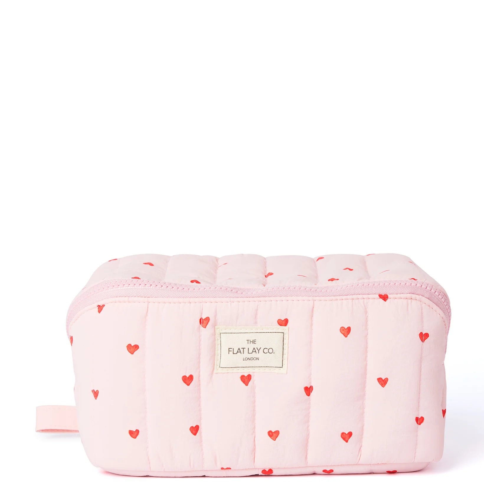 Flat Lay Co. Marshmallow makeup box bag in pastel pink hearts print, quilted finish