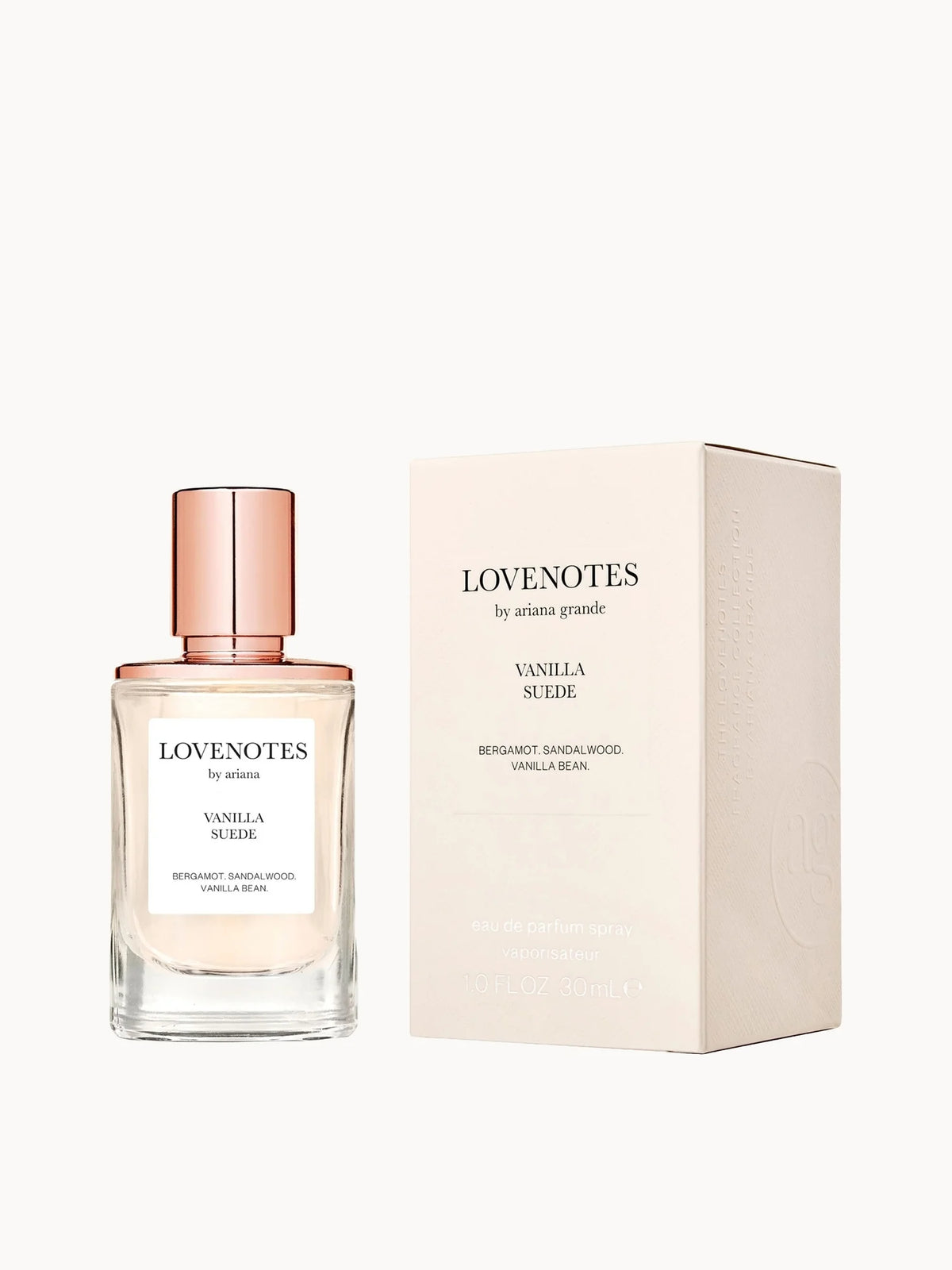 LOVENOTES by Ariana Grande Vanilla Suede Eau De Parfum 30ml, pink heart-shaped bottle with gold cap