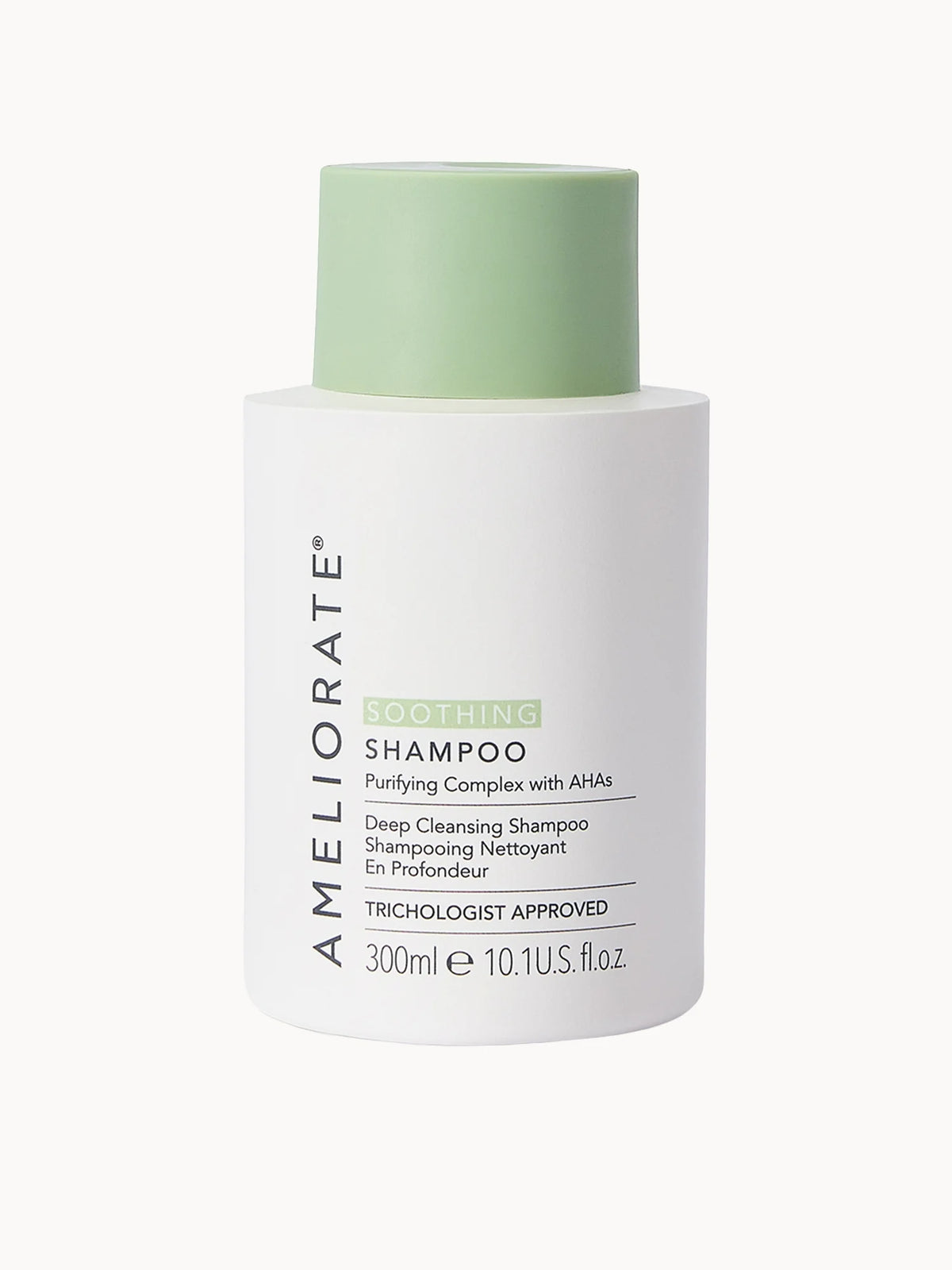 Ameliorate Soothing Shampoo 300ml, white bottle with green pump and label