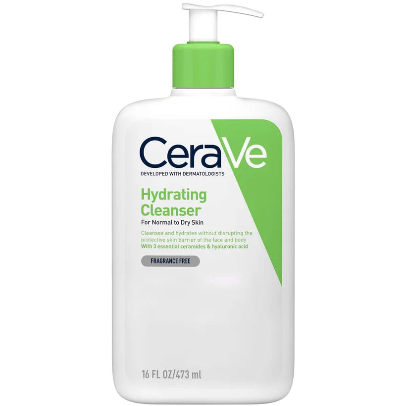 CeraVe Hydrating Cleanser 473ml, white pump bottle with orange text