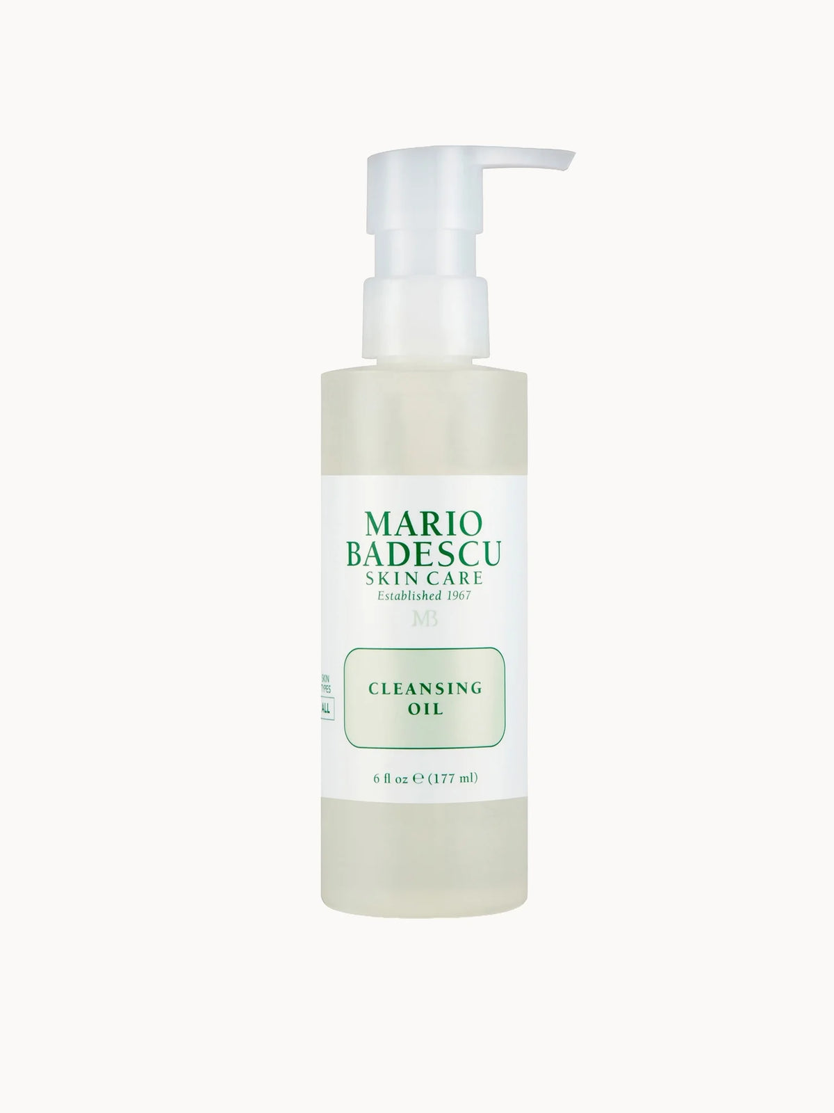 Mario Badescu Cleansing Oil 117ml, clear bottle with white cap and Mario Badescu branding