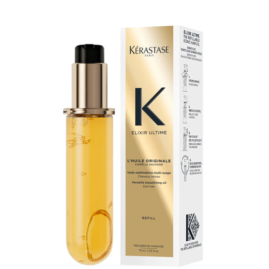 Kérastase refillable hair oil bottle with golden formula for shine and heat protection