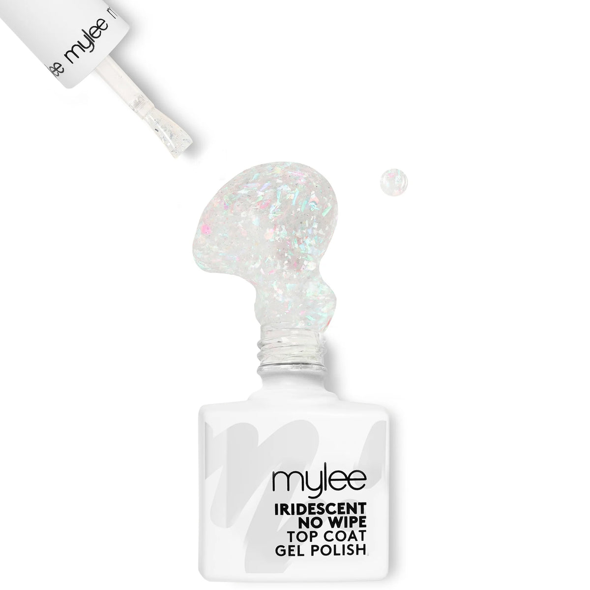 Mylee Gel Nail Polish Iridescent No Wipe Top Coat, small glass bottle with black brush cap and Mylee branding