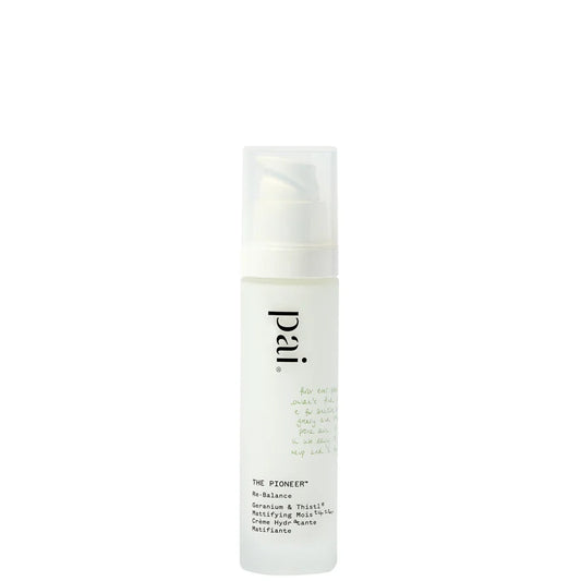 Pai Skincare The Pioneer Geranium and Thistle Mattifying Moisturiser 50ml white tube with black cap and minimal text