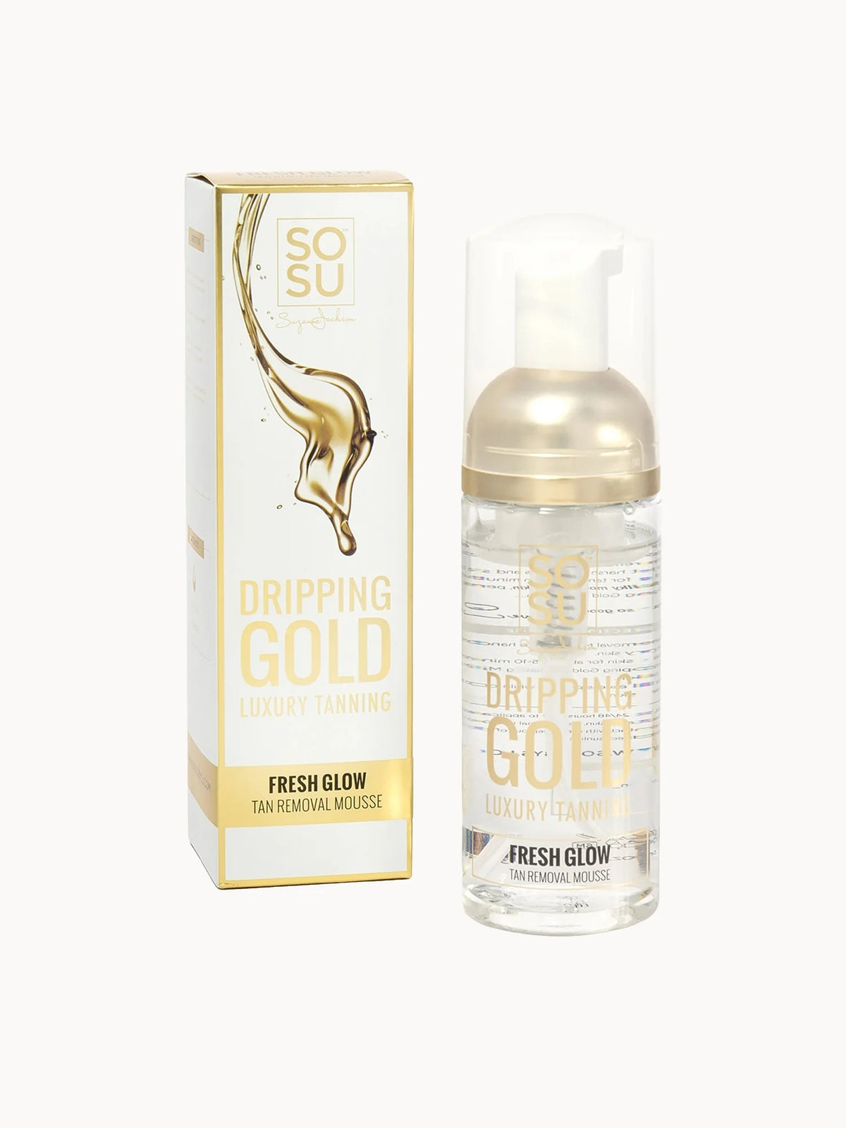 Dripping Gold Tan Remover Mousse 242g, gold pump bottle with white cap and Dripping Gold branding