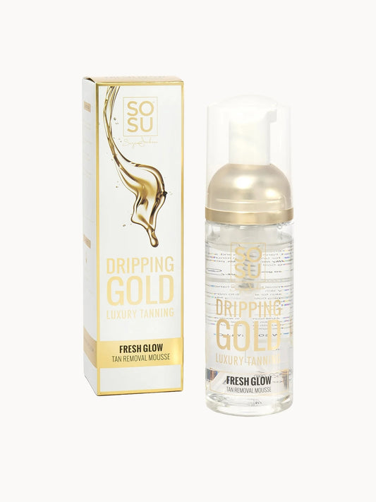 Dripping Gold Tan Remover Mousse 242g, gold pump bottle with white cap and Dripping Gold branding