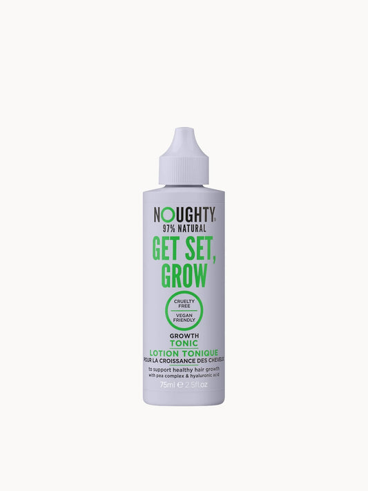 Noughty Get Set Grow Tonic 75ml, small clear bottle with pink dropper cap and Noughty playful branding