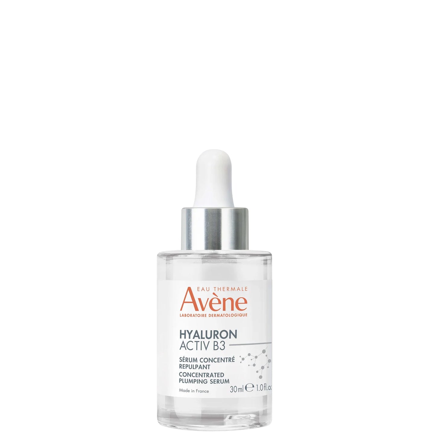 Avène Hyaluron Activ B3 Concentrated Plumping Serum 30ml, clear glass dropper bottle with white and coral label, designed to hydrate and visibly plump ageing skin