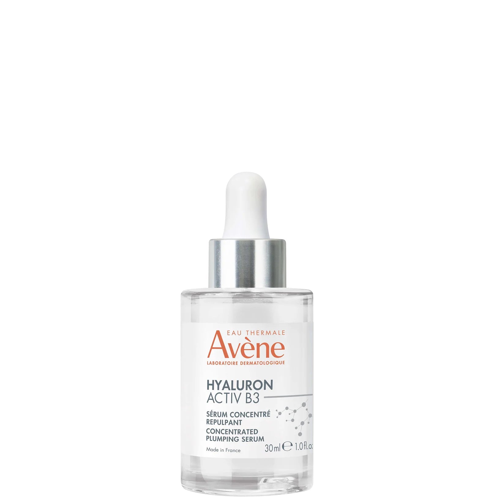 Avène Hyaluron Activ B3 Concentrated Plumping Serum 30ml, clear glass dropper bottle with white and coral label, designed to hydrate and visibly plump ageing skin