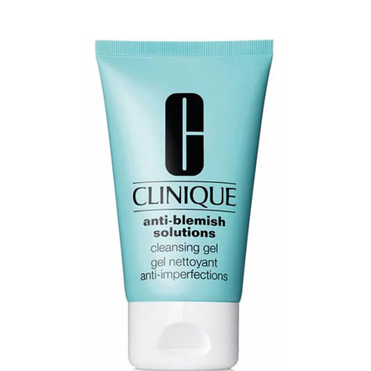 Clinique Anti Blemish Solutions Cleansing Gel clear facial cleanser in a light blue Clinique pump bottle