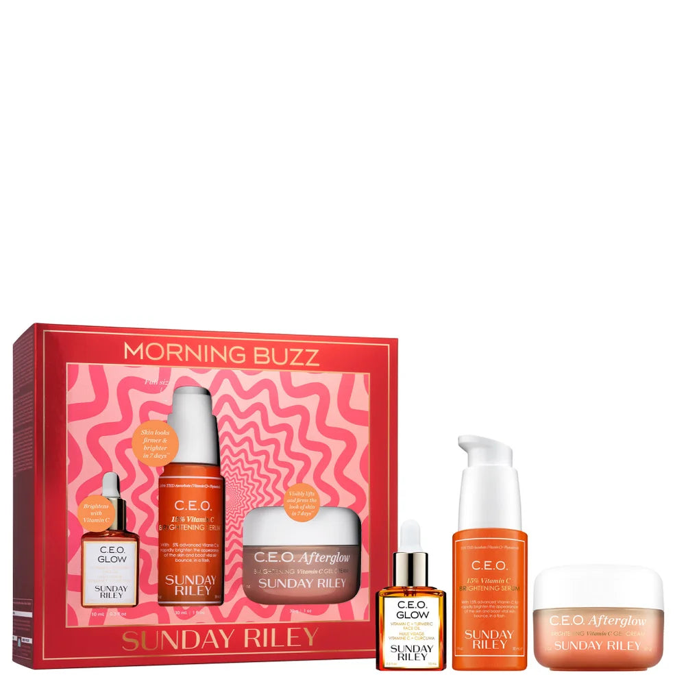 Sunday Riley Morning Buzz skincare bundle with brightening and energising formulas in full-size packaging