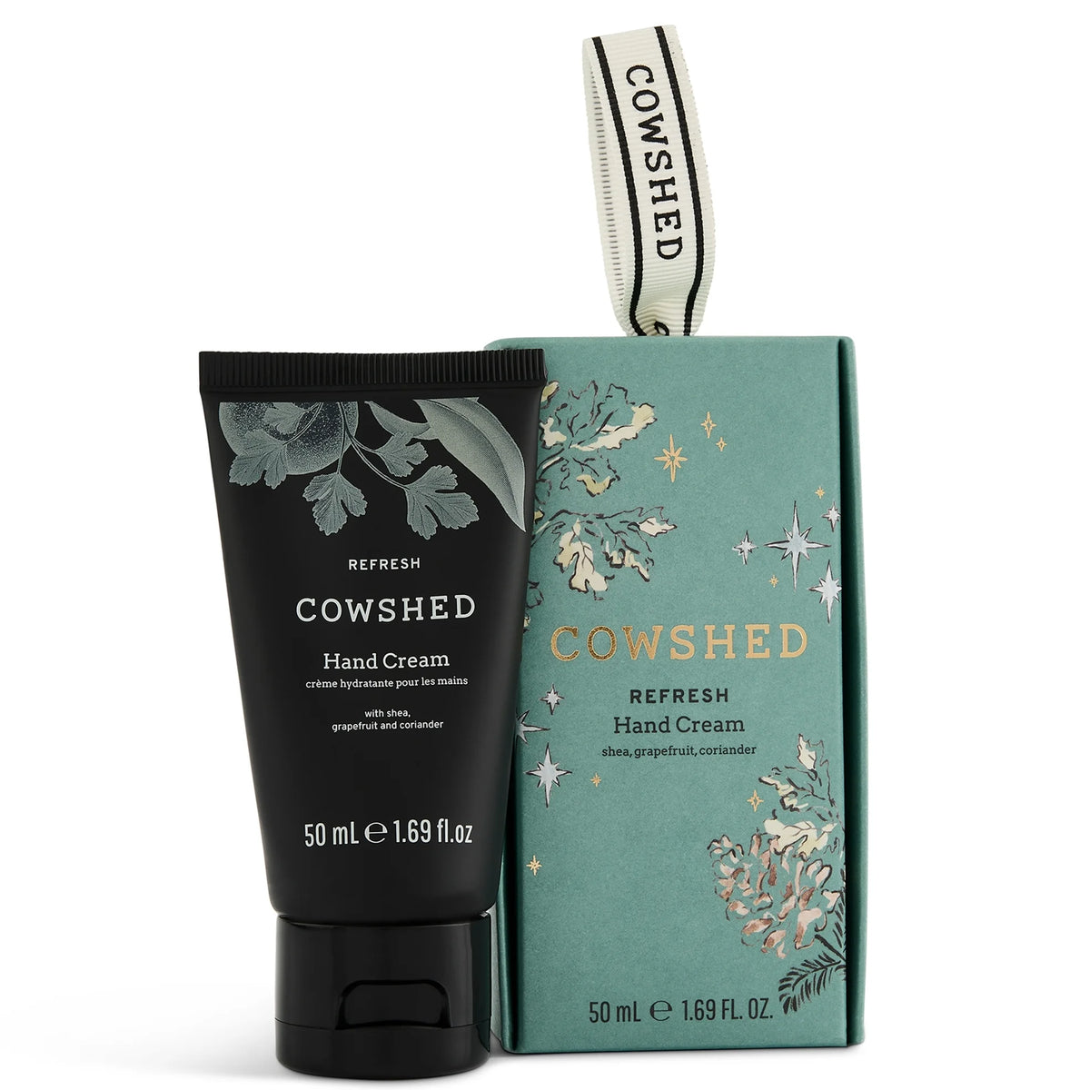 Cowshed Hand Cream Bauble 50ml, round bauble-shaped tube with gold cap and Cowshed cow-illustration branding