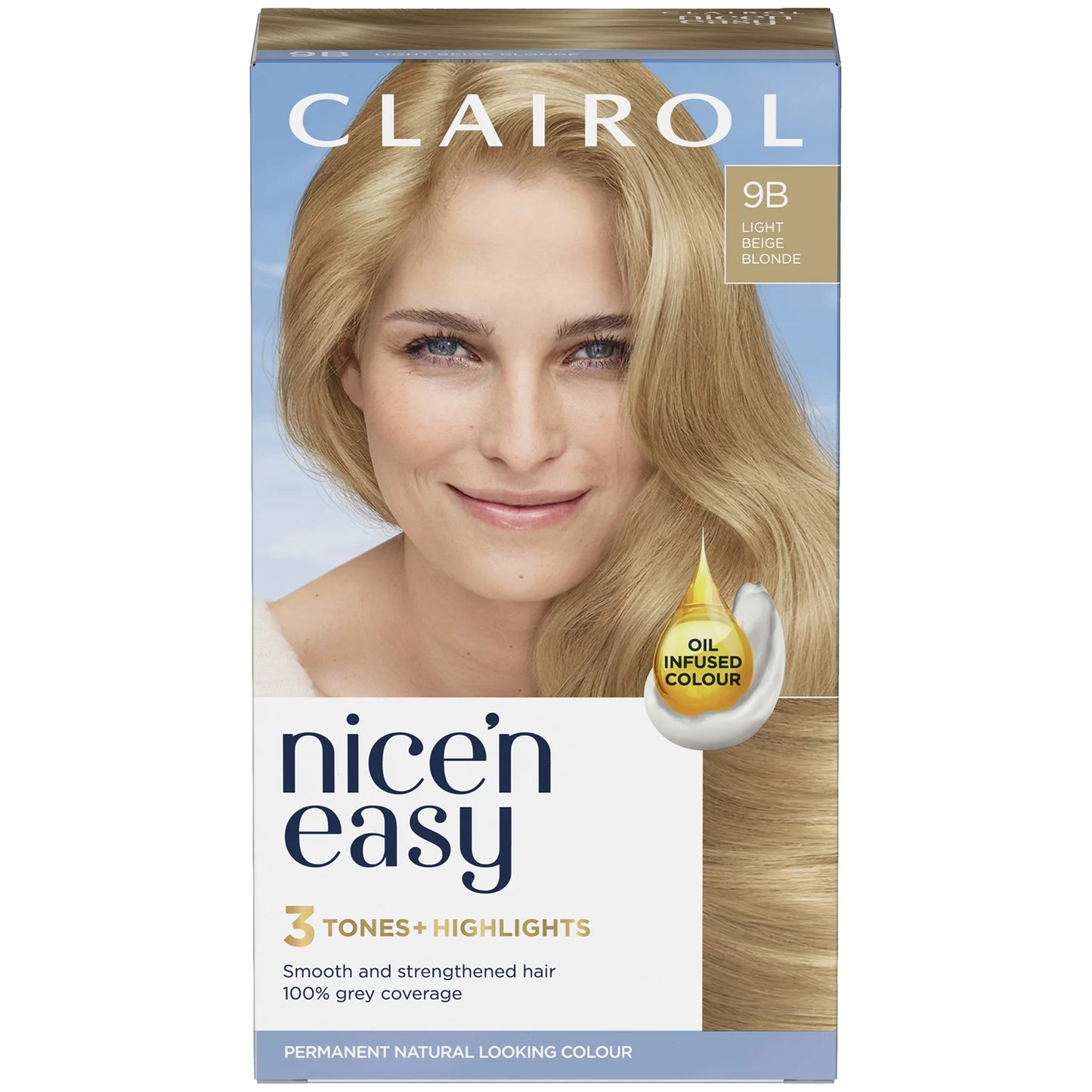 Box of Clairol Nice'n Easy Crème 9B Light Beige Blonde hair dye, showing model with soft beige blonde hair on the front.
