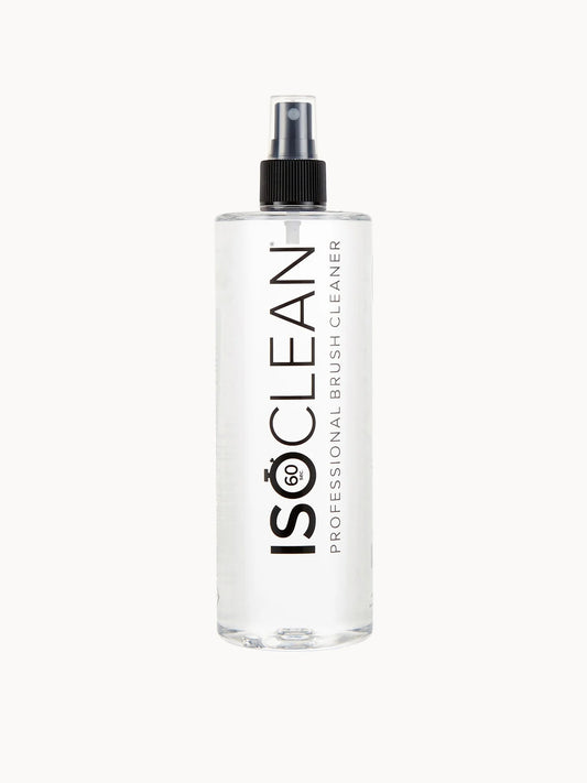 ISOCLEAN Enthusiast Makeup Brush Cleaner with Spray Top 525ml, large clear spray bottle with black nozzle and ISOCLEAN branding