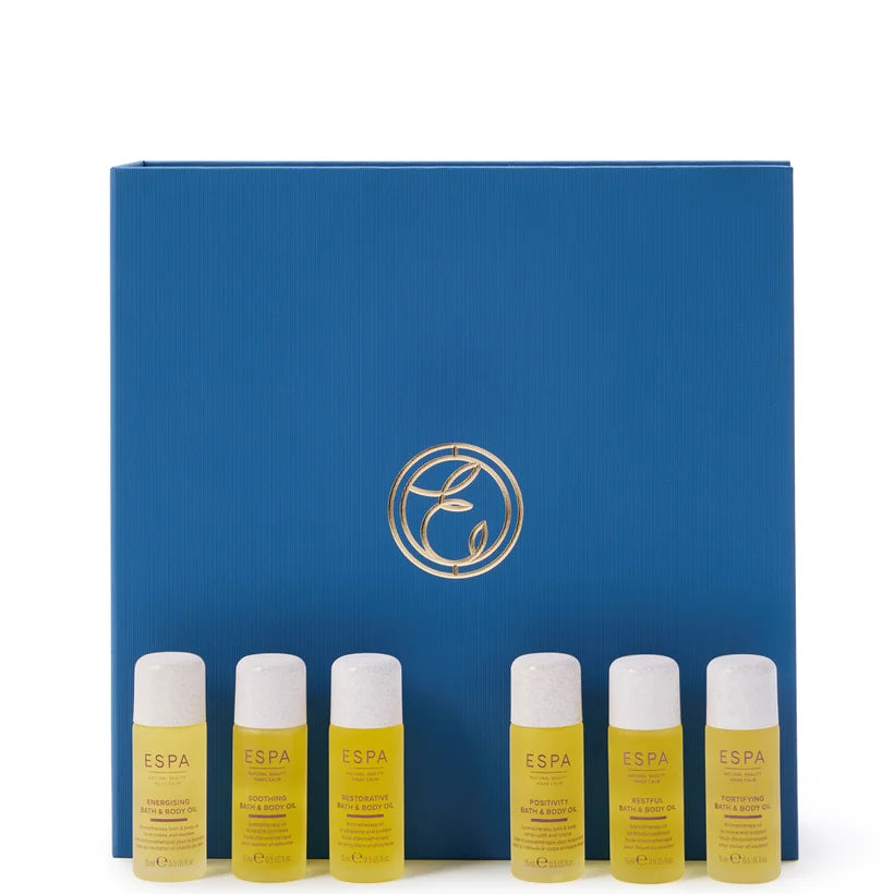 ESPA Signature Blends Collection, set of seven small amber glass bottles in a white gift box