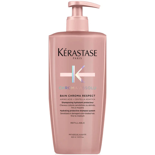 Kérastase Chroma Absolu Bain Opaque 500ml sleek pink bottle with pump dispenser and minimalist label