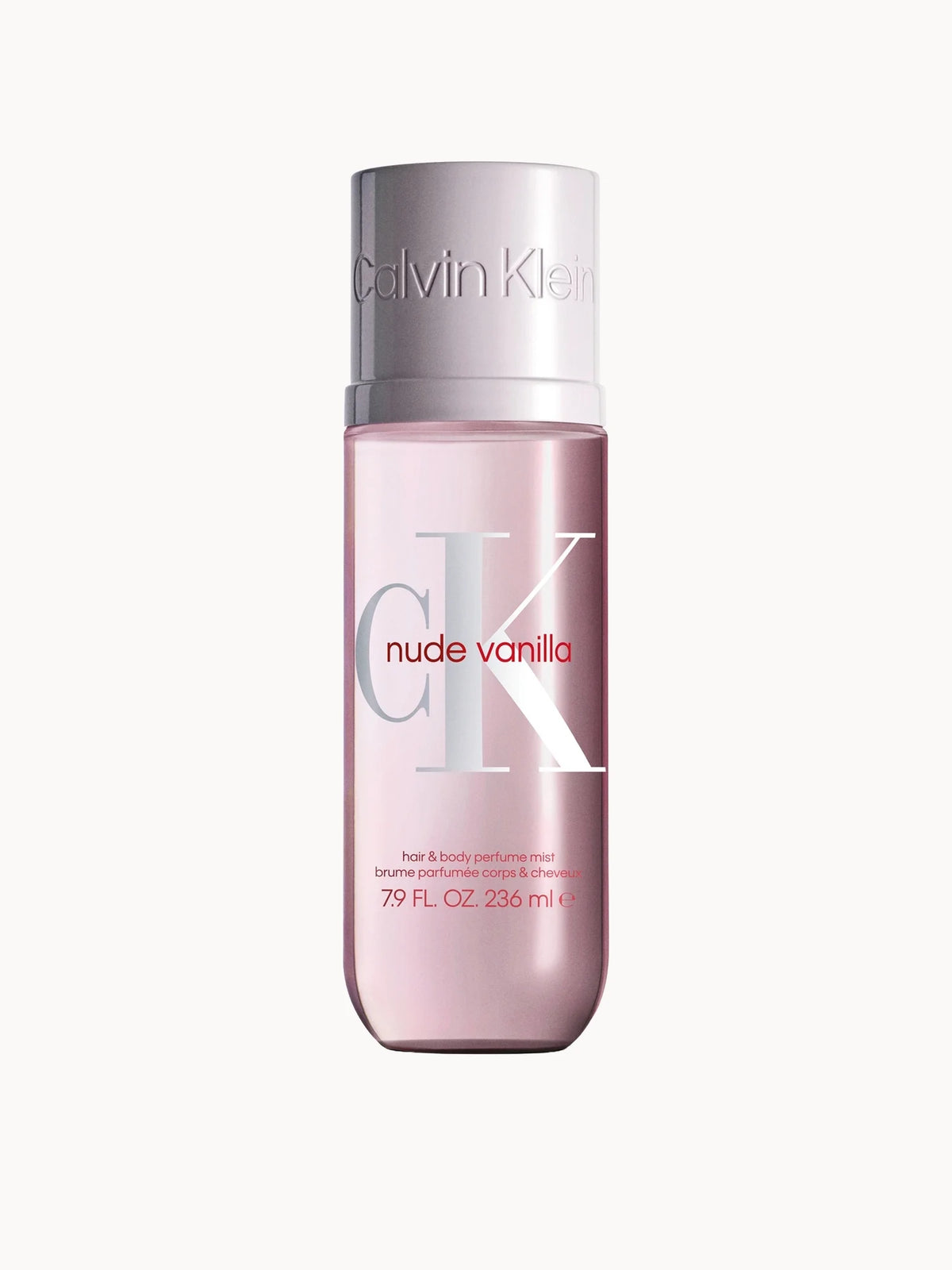 Calvin Klein Nude Vanilla Body Mist 236ml, frosted glass spray bottle with silver cap