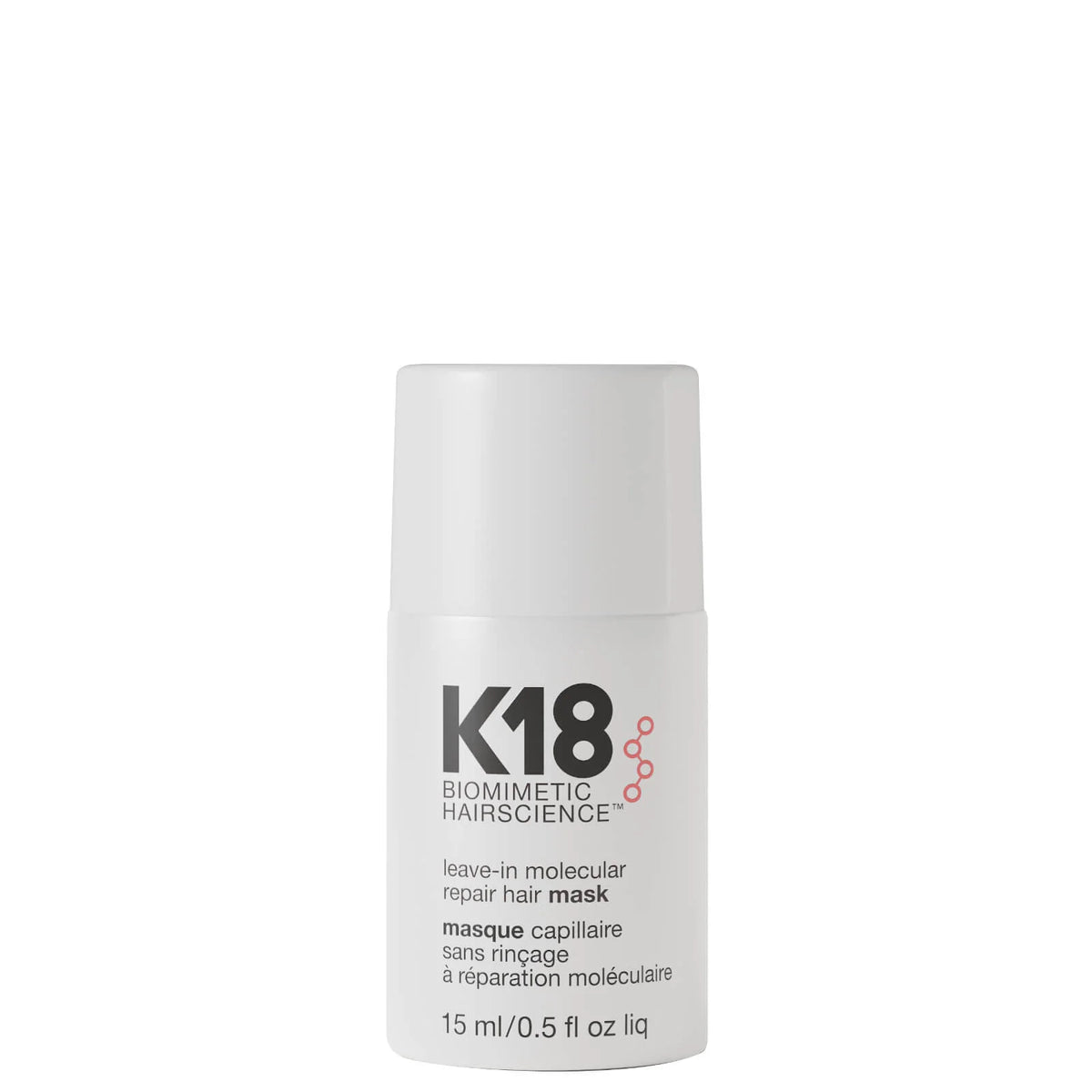 K18 Biomimetic Hairscience Leave-in Molecular Repair Hair Mask 15ml, small white pump bottle with black cap and K18 minimalist logo