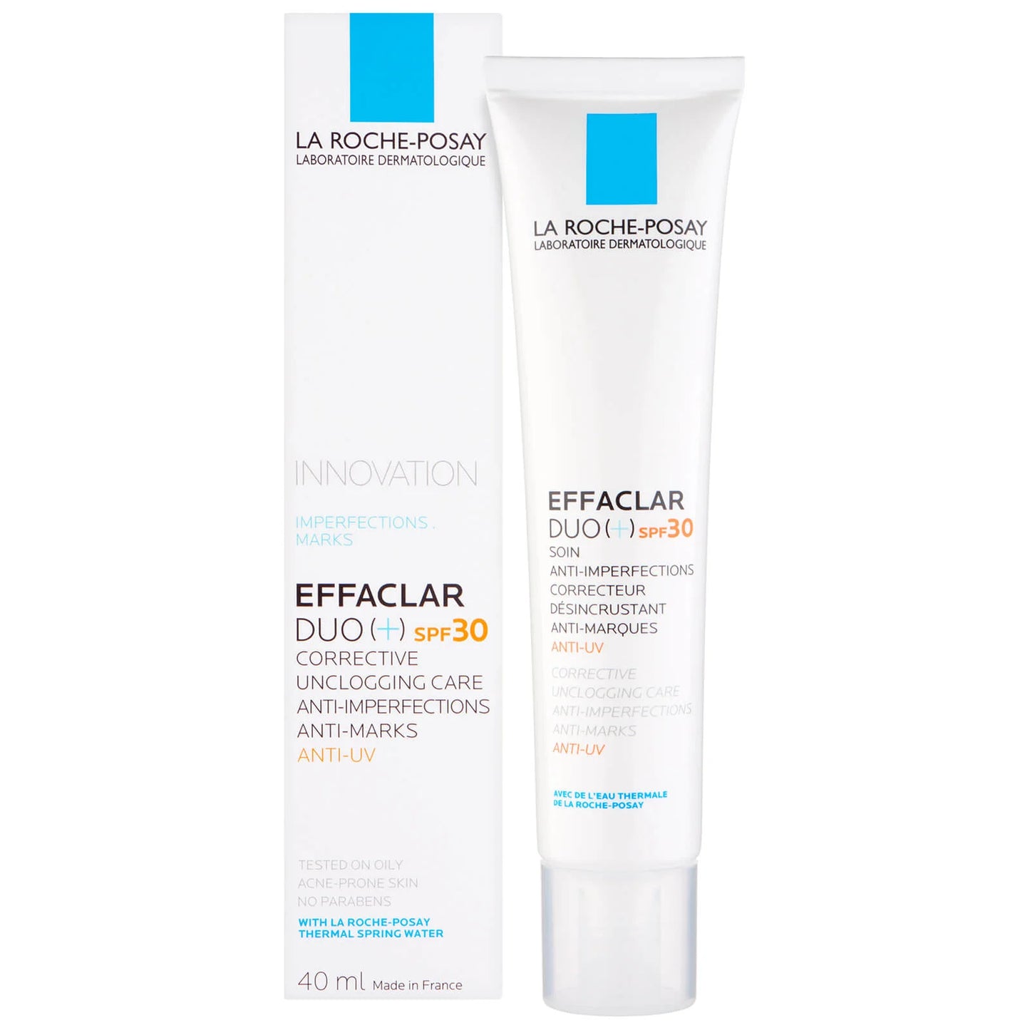 La Roche-Posay Effaclar Duo+ SPF30 in a slim white tube with blue logo, treatment and SPF details printed on the front.