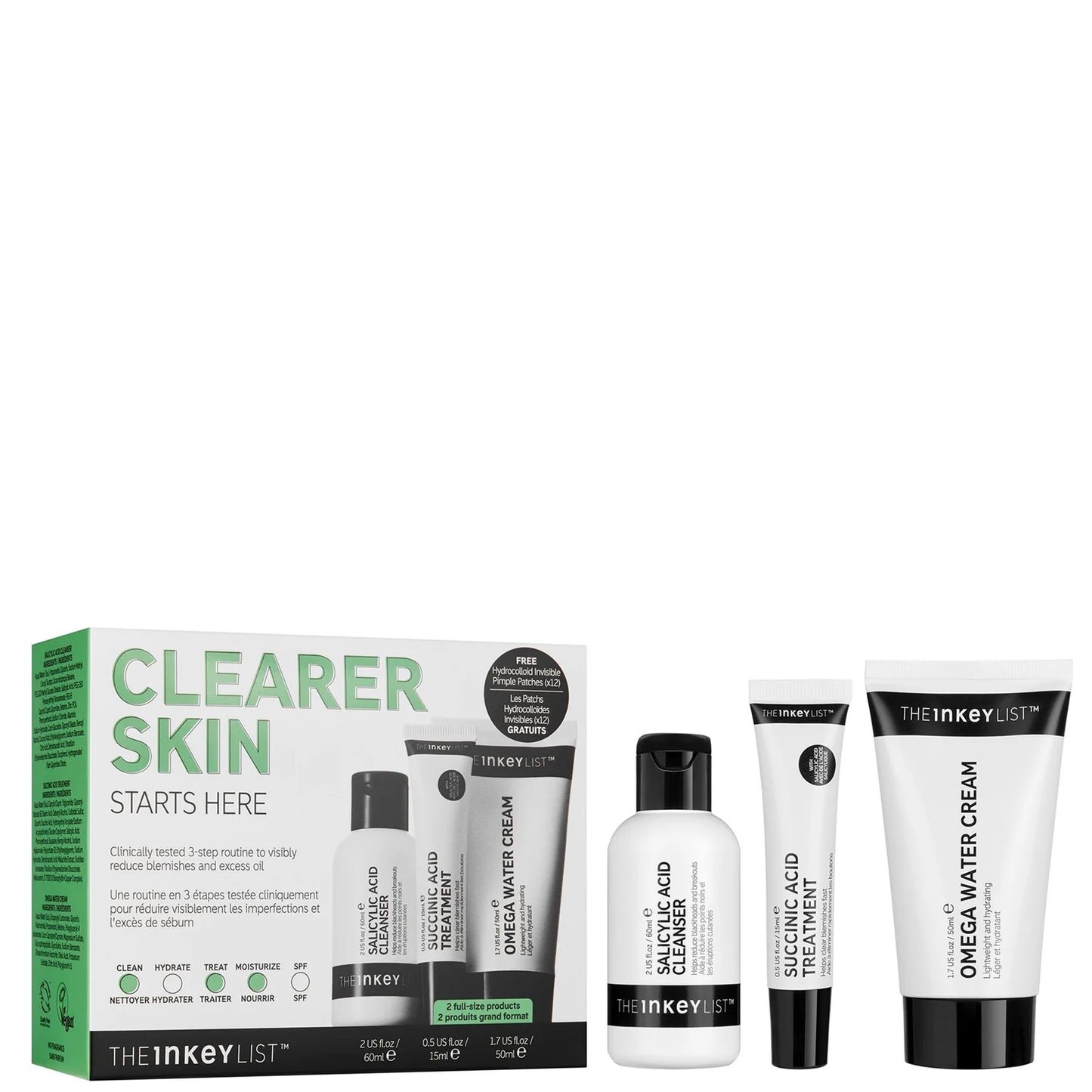 The Inkey List Clear Skin Kit in white box featuring four skincare bottles and tubes