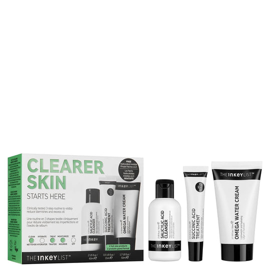 The Inkey List Clear Skin Kit in white box featuring four skincare bottles and tubes