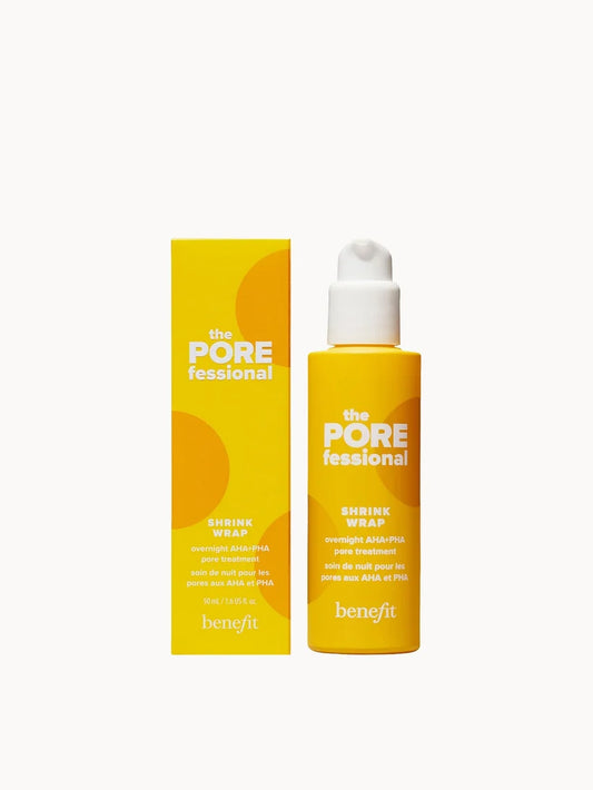 benefit Shrink Wrap Overnight AHA & PHA Pore Treatment 50ml purple tube with white cap and bold text design