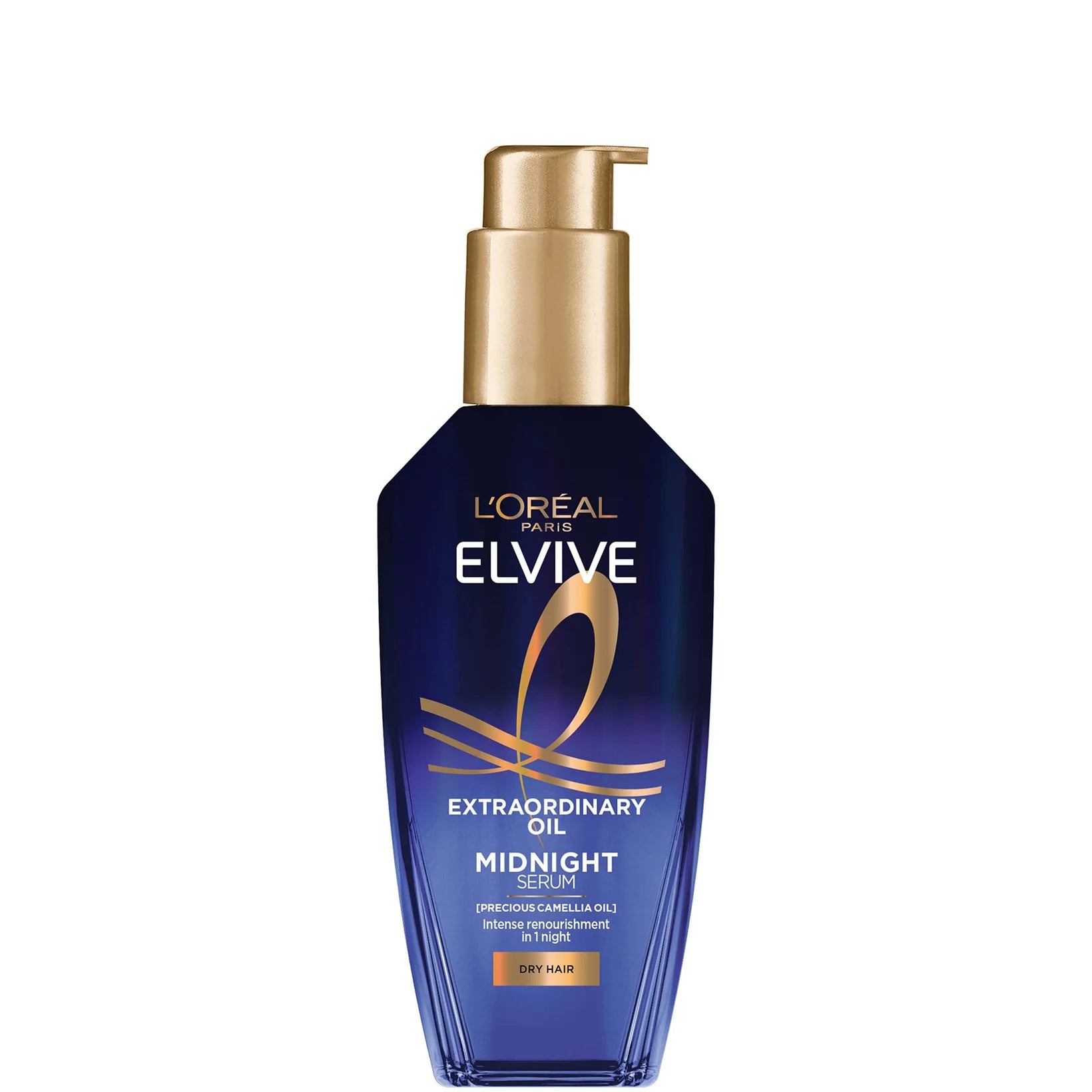 L'Oréal Paris Elvive Extraordinary Oil Midnight Nourishing Hair Treatment Serum for Dry Hair 100 ml – lightweight overnight serum infused with nourishing oils to repair and deeply moisturize dry, damaged hair, in a sleek dark bottle with gold accents