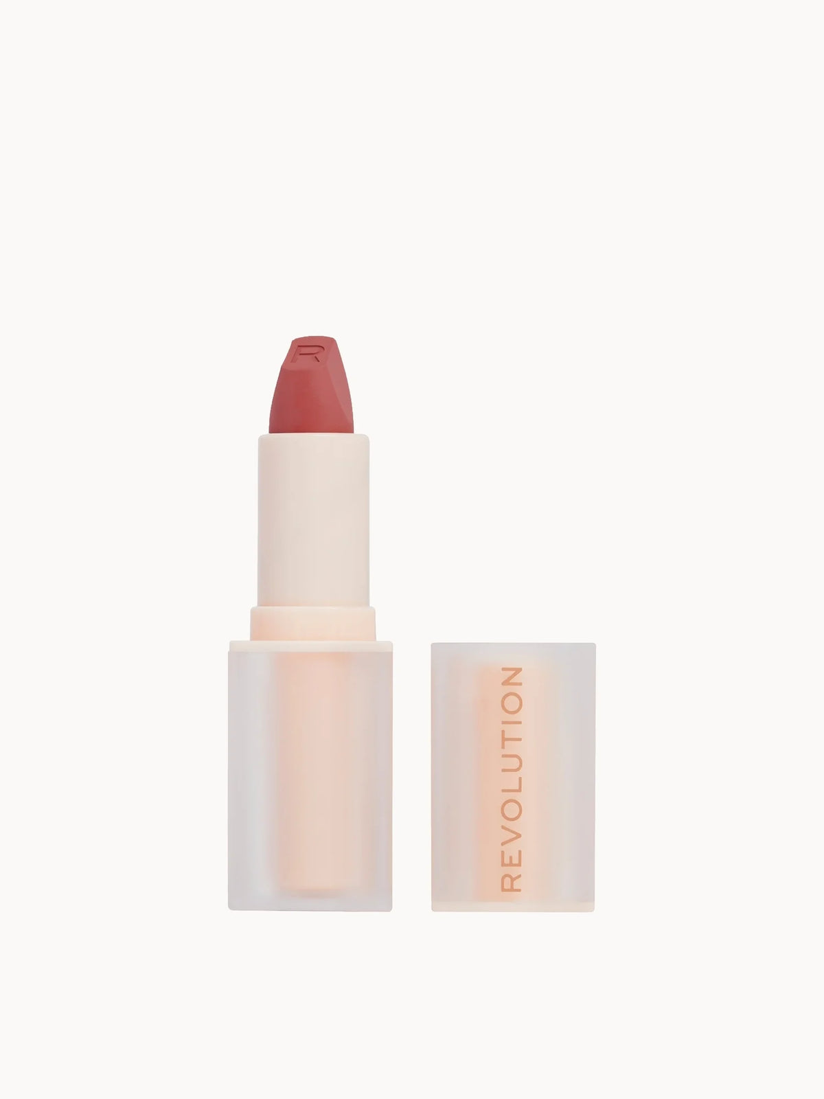 Makeup Revolution Lip Allure Soft Satin Lipstick - Wifey Dusky Pink , black bullet-shaped lipstick case with Makeup Revolution branding