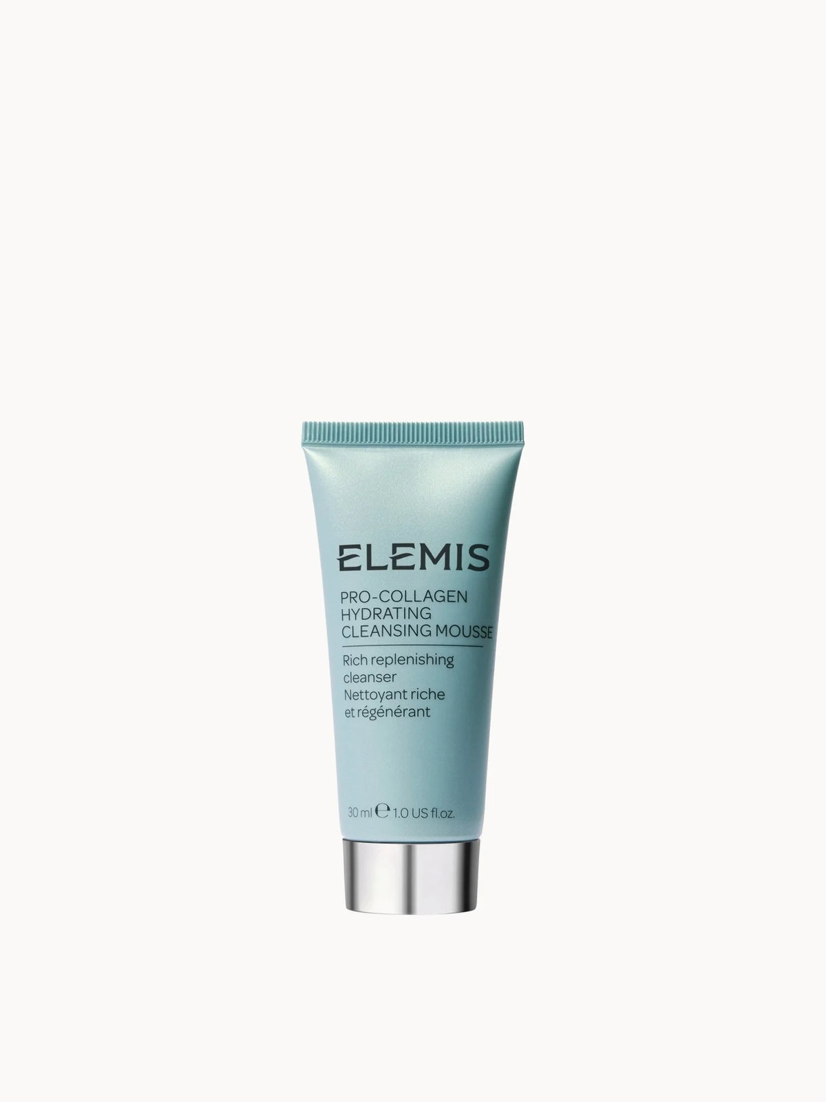 Elemis Pro-Collagen Hydrating Cleansing Mousse 30ml, white pump bottle with gold cap and text