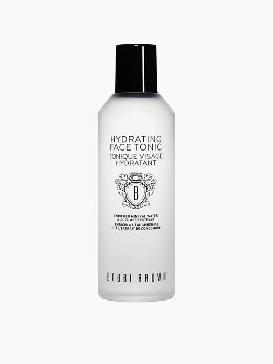 Bobbi Brown Hydrating Face Tonic 200ml, clear glass bottle with black cap and Bobbi Brown wordmark label