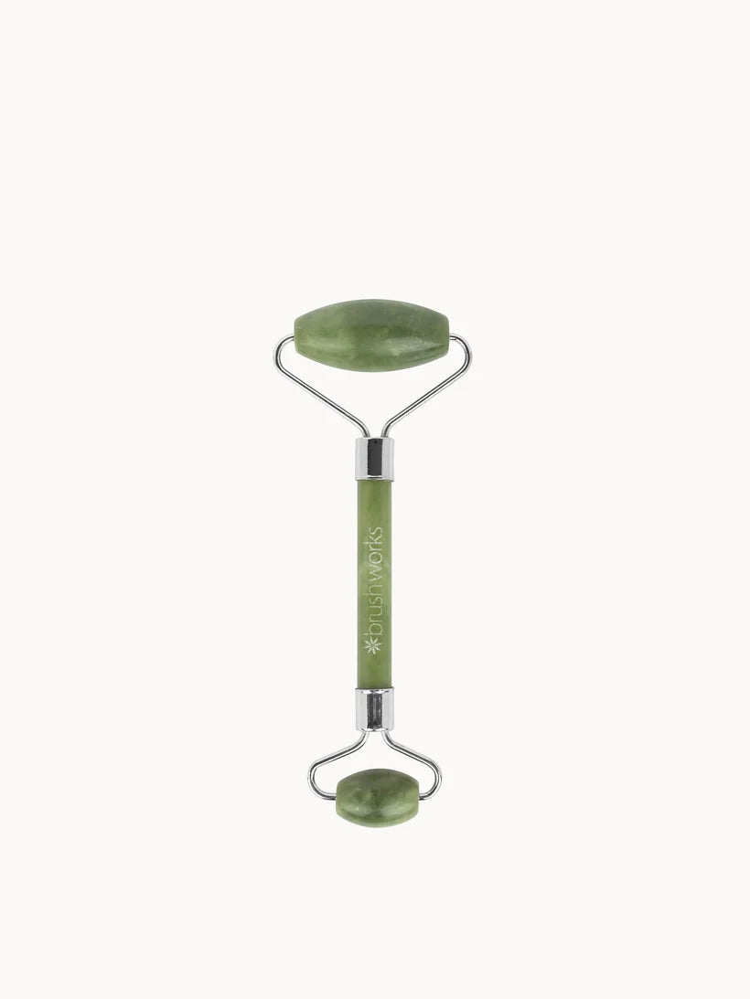 brushworks HD Jade Roller dual-ended roller with a green jade stone head and gold-toned metal frame
