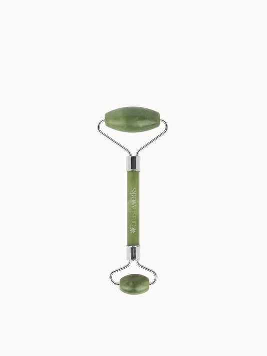brushworks HD Jade Roller dual-ended roller with a green jade stone head and gold-toned metal frame