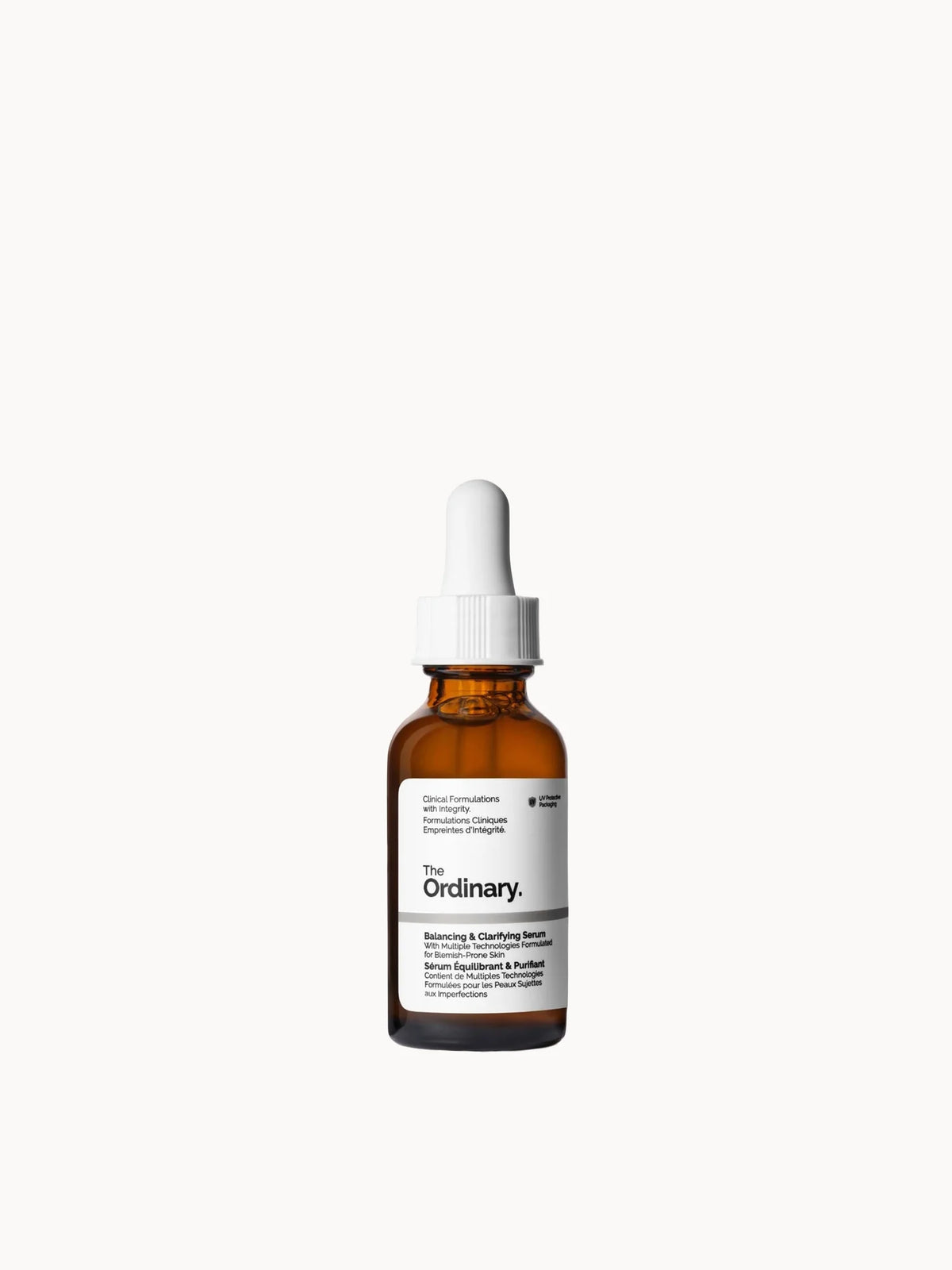 The Ordinary Balancing and Clarifying Serum 30ml, clear glass dropper bottle with black cap and The Ordinary minimalist label