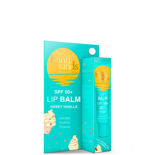 Bondi Sands SPF 50+ Lip Balm Sweet Vanilla 10g yellow lip balm tube with Bondi Sands branding