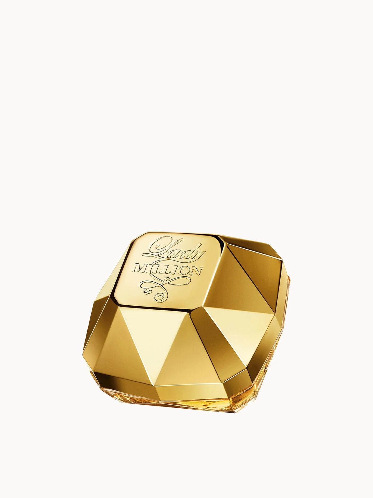 Rabanne Lady Million Eau De Parfum 30ml, gold diamond-shaped glass bottle with a gold cabochon cap