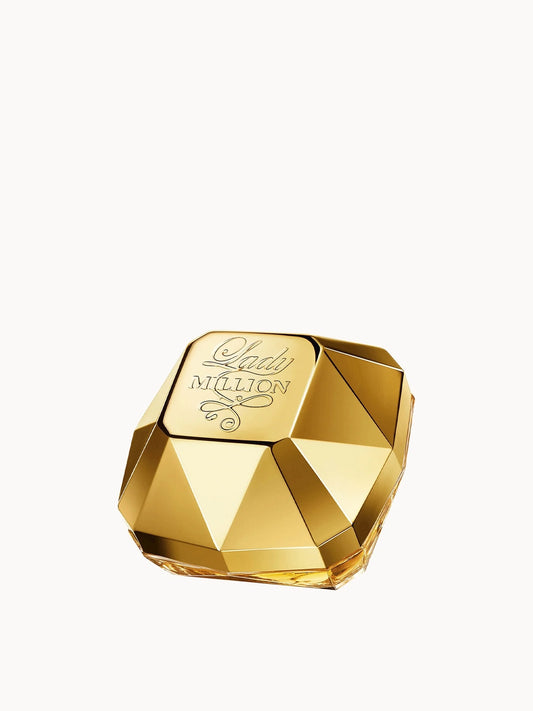 Rabanne Lady Million Eau De Parfum 30ml, gold diamond-shaped glass bottle with a gold cabochon cap