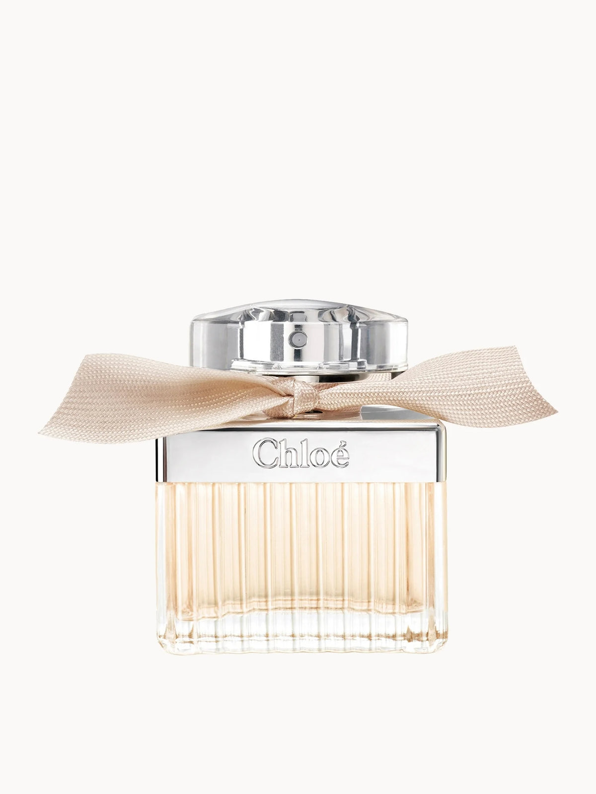 Chloé Eau de Parfum For Her 50ml, pleated glass perfume bottle with a silver top and a delicate ribbon around the neck