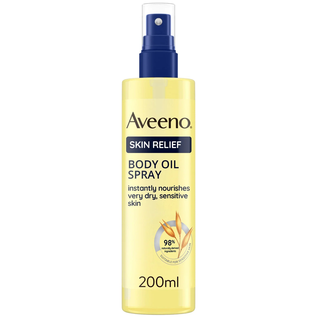 Aveeno Skin Relief Body Oil Spray 200ml, clear spray bottle with pink cap and oat graphic