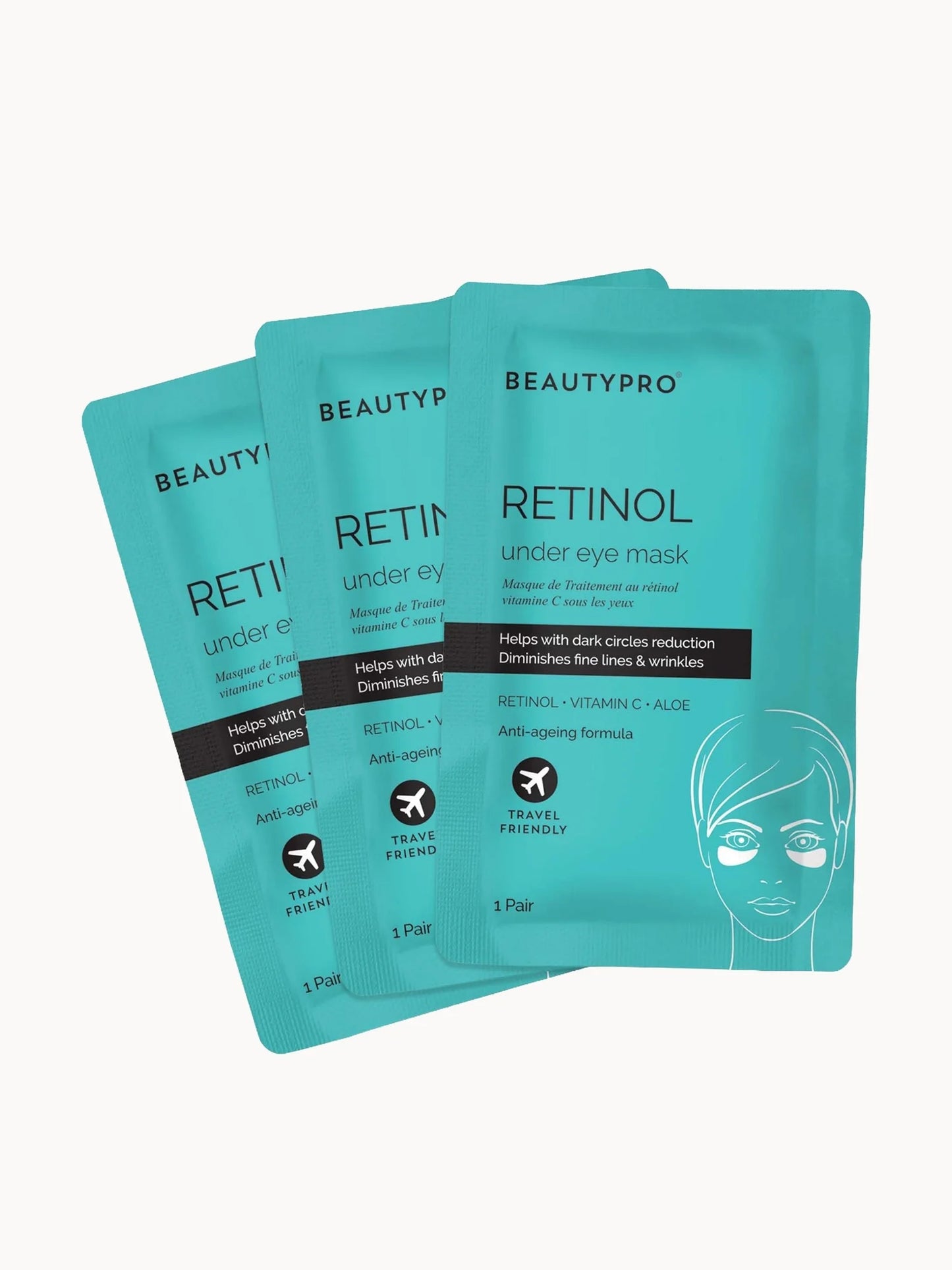 BeautyPro Retinol Under Eye Patches, pack of 10 gel patches in white and gold packaging.